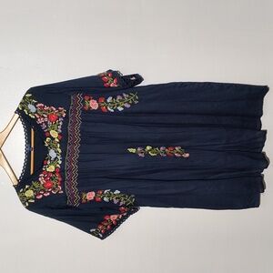 Indira Woman Navy Blue Denim Embroidered Peasant Floral Dress Size XL